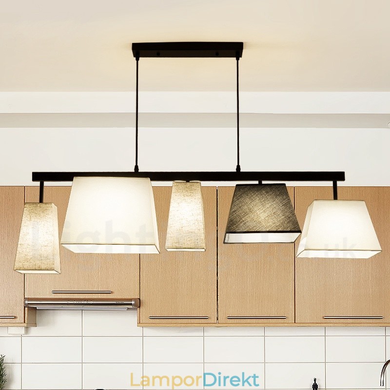 Modern Contemporary 5 Light Steel Pendellampa Med Tygskärm