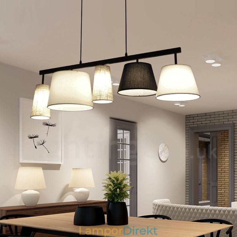 Modern Contemporary 5 Light Steel Pendellampa Med Tygskärm