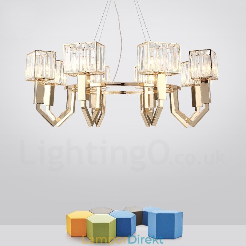 Modern Contemporary 8 Light Steel Pendellampa Med Kristallskärm
