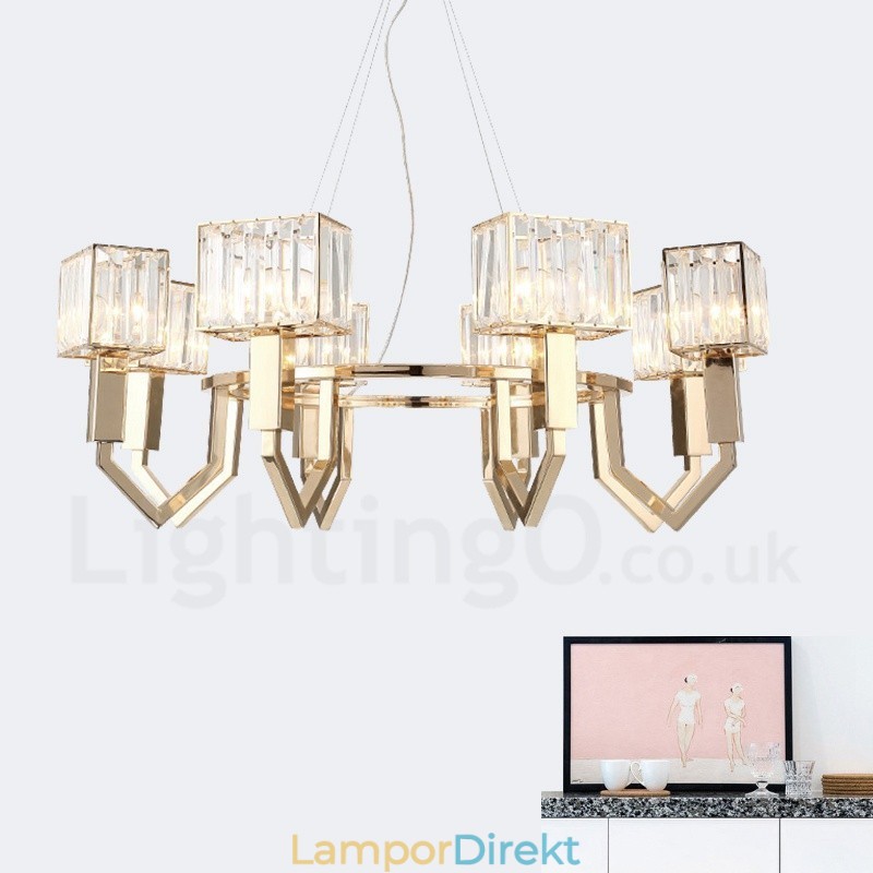 Modern Contemporary 8 Light Steel Pendellampa Med Kristallskärm