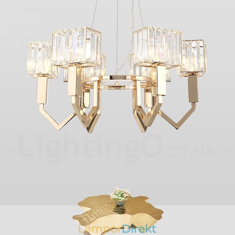Modern Contemporary 6 Light Steel Pendellampa Med Kristallskärm