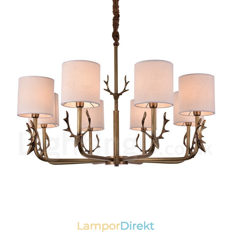 Rustic Lodge 8 Ljus Mässingskrona Med Tygskärm