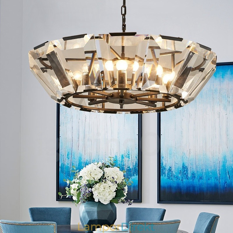 Modern Contemporary 8 Light Steel Pendellampa Med Kristallglasskärm