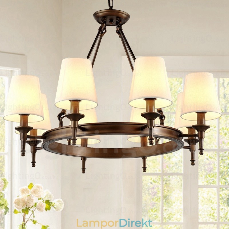 8 Ljus Nordic Country Rustik Pendellampa Med Tygskärm