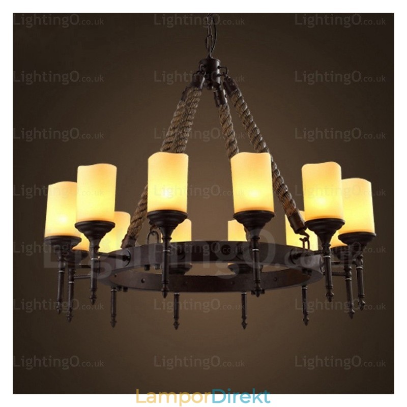 12 Ljus Country Rustik Vintage Retro Pendellampa Med Glasskärm