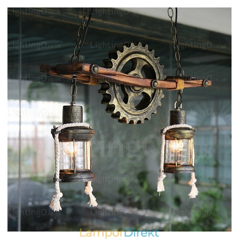 2 Ljus Country Rustik Vintage Retro Pendellampa Med Glasskärm