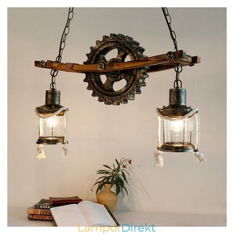 2 Ljus Country Rustik Vintage Retro Pendellampa Med Glasskärm