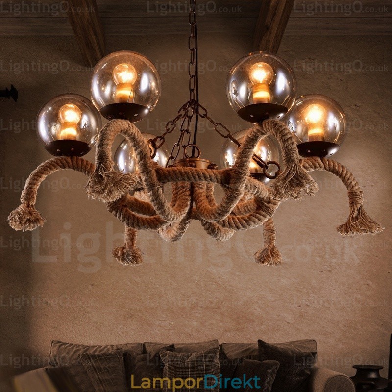 6 Ljus Vintage Retro Taklampa Med Glasskärm
