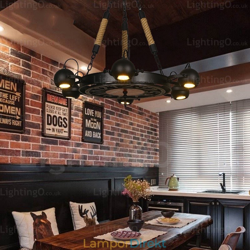 6 Ljus Vintage Retro Taklampa Med Skärm I Rostfritt Stål