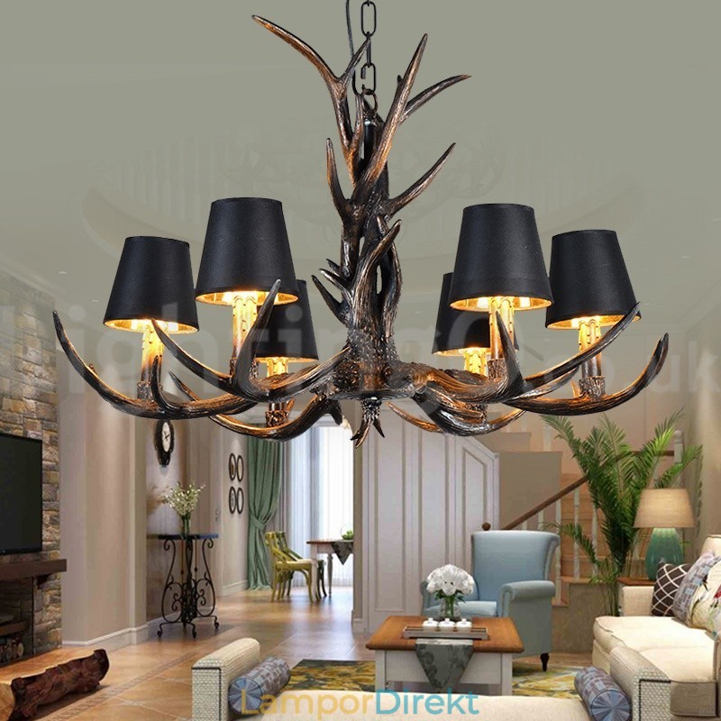 6 Ljus Rustik Konstnärlig Retro Antler Svart Vintage Ljuskrona