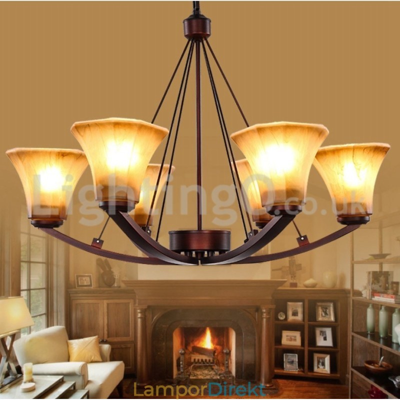 Rustik 6 Glödlampor Glas Lampskärm Rostfri Ljuskrona
