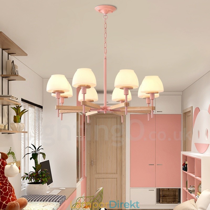 6 Ljus 8 Ljus Flerfärger Macaron Wood Pendellampa Med Glasskärmar Ljuskrona Nordic Style