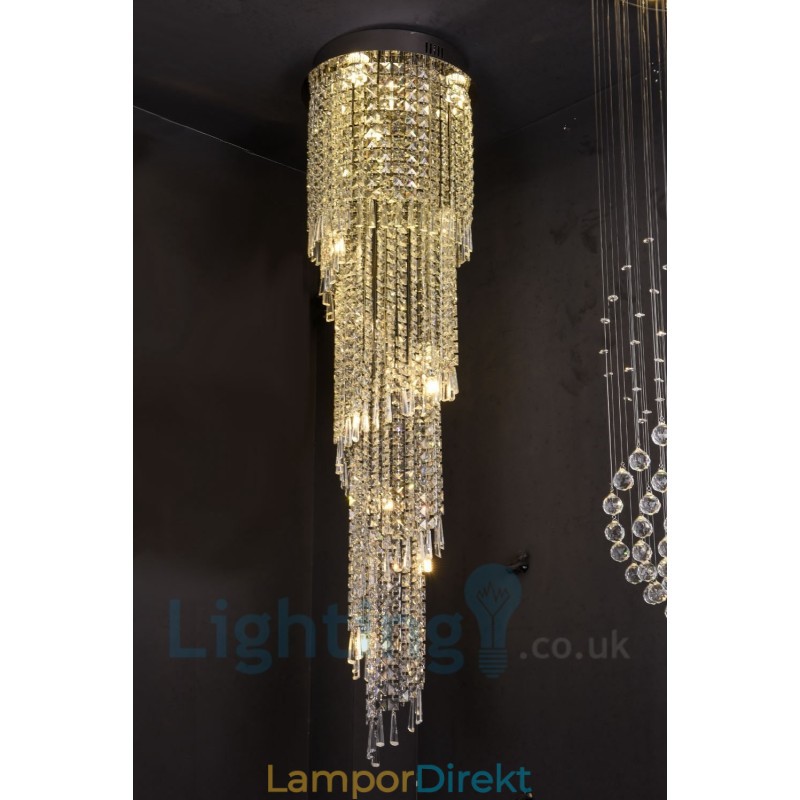 4 X Gu10 + 8 X G4 150 Cm Long Crystal Drop Light Modern K9 Crystal Round Flush Mount Taklampa