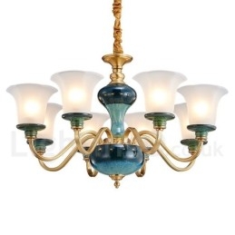 Retro Vintage Mässing Keramik Hängande Ljus Ljuskrona Med Glasskärmar