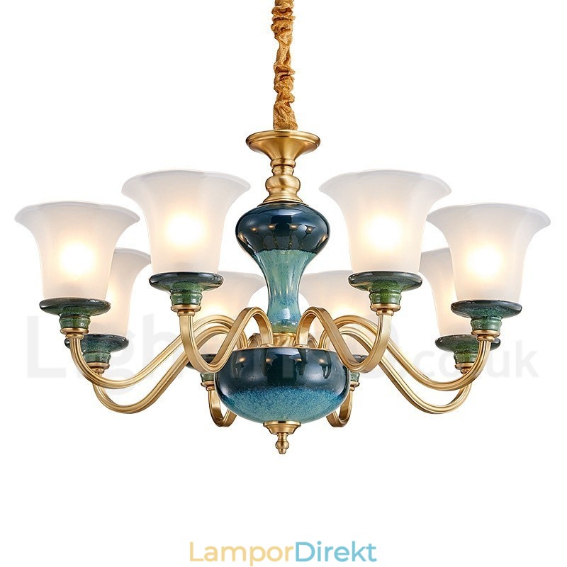 Retro Vintage Mässing Keramik Hängande Ljus Ljuskrona Med Glasskärmar