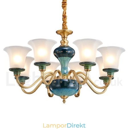 Retro Vintage Mässing Keramik Hängande Ljus Ljuskrona Med Glasskärmar Retro Vintage Mässing Keramik Hängande Ljus Ljuskrona Med Glasskärmar