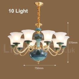 Retro Vintage Mässing Keramik Hängande Ljus Ljuskrona Med Glasskärmar