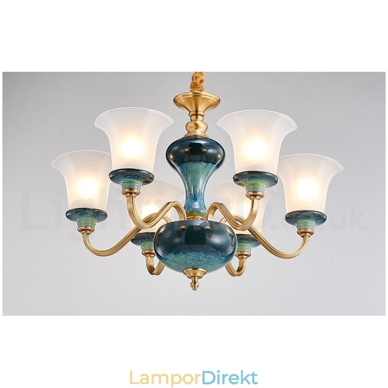Retro Vintage Mässing Keramik Hängande Ljus Ljuskrona Med Glasskärmar