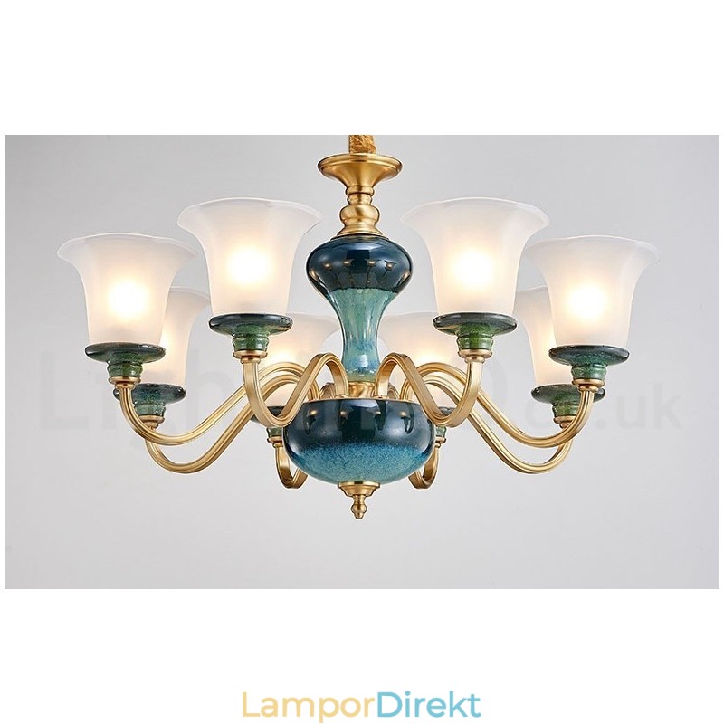 Retro Vintage Mässing Keramik Hängande Ljus Ljuskrona Med Glasskärmar