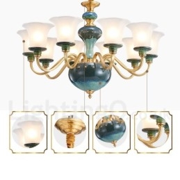 Retro Vintage Mässing Keramik Hängande Ljus Ljuskrona Med Glasskärmar