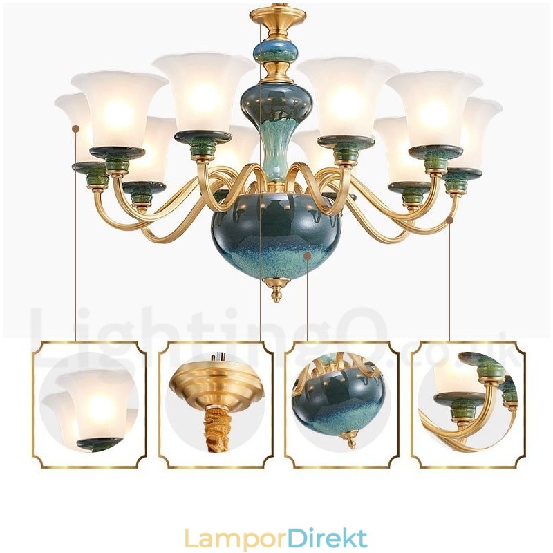 Retro Vintage Mässing Keramik Hängande Ljus Ljuskrona Med Glasskärmar