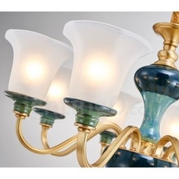 Retro Vintage Mässing Keramik Hängande Ljus Ljuskrona Med Glasskärmar