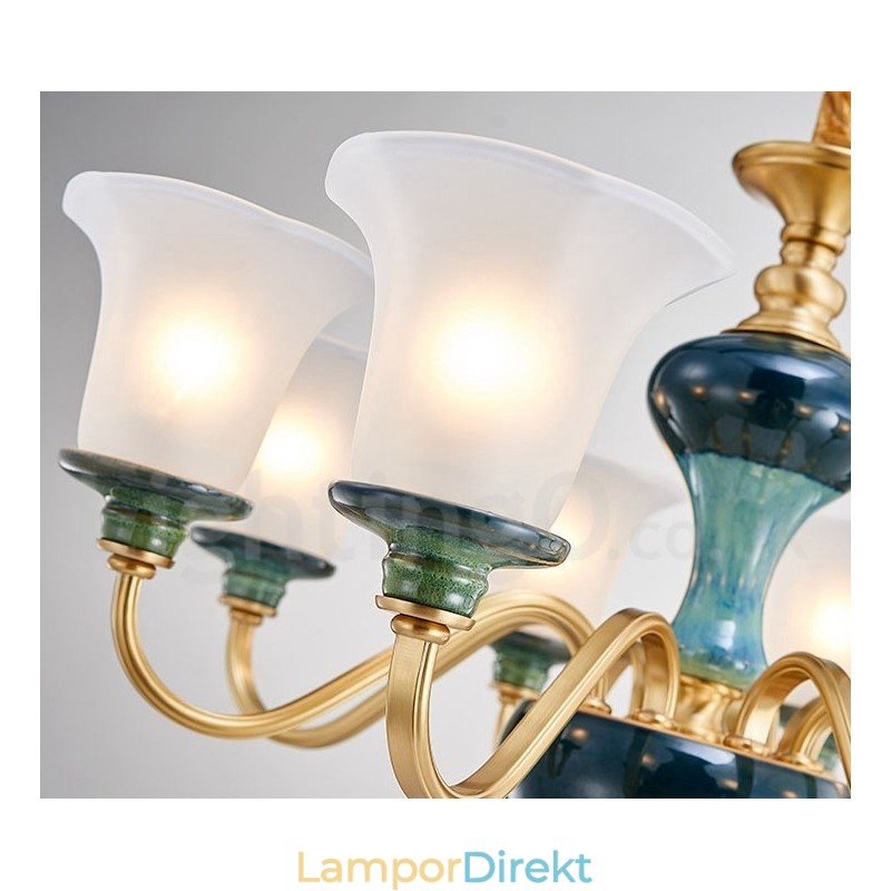 Retro Vintage Mässing Keramik Hängande Ljus Ljuskrona Med Glasskärmar