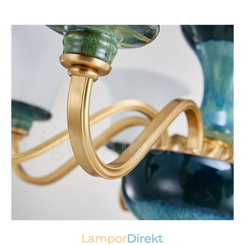 Retro Vintage Mässing Keramik Hängande Ljus Ljuskrona Med Glasskärmar