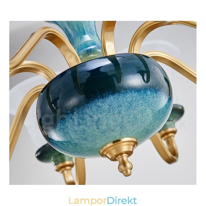 Retro Vintage Mässing Keramik Hängande Ljus Ljuskrona Med Glasskärmar