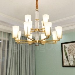 Retro Vintage Mässingskristaller Hängande Ljuskrona Med Glasskärmar