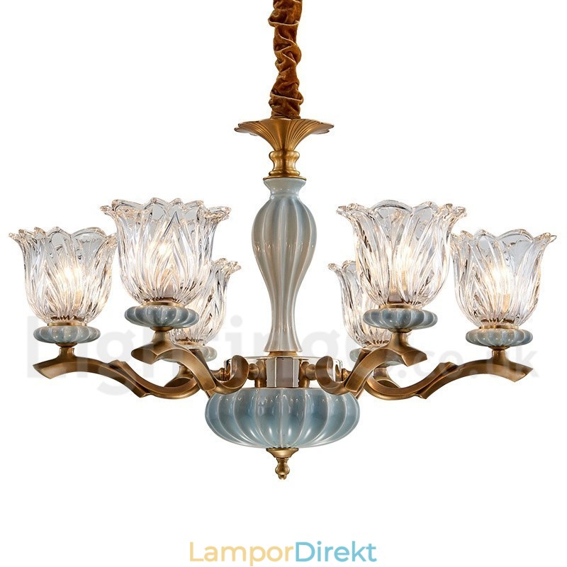 Retro Vintage Mässing Keramik Hängande Ljus Ljuskrona Med Glasskärmar