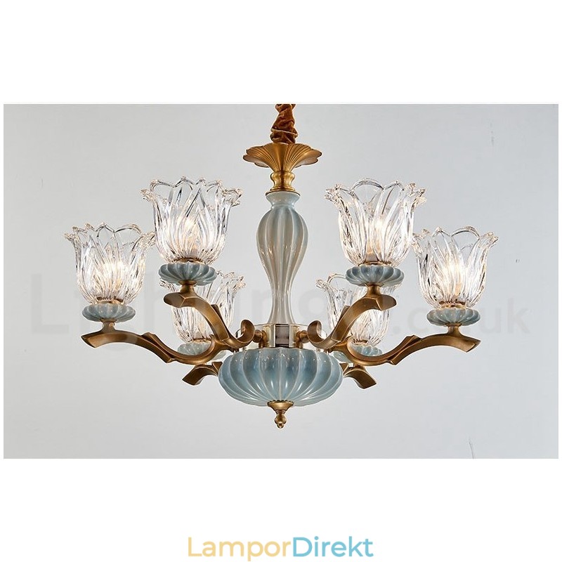 Retro Vintage Mässing Keramik Hängande Ljus Ljuskrona Med Glasskärmar