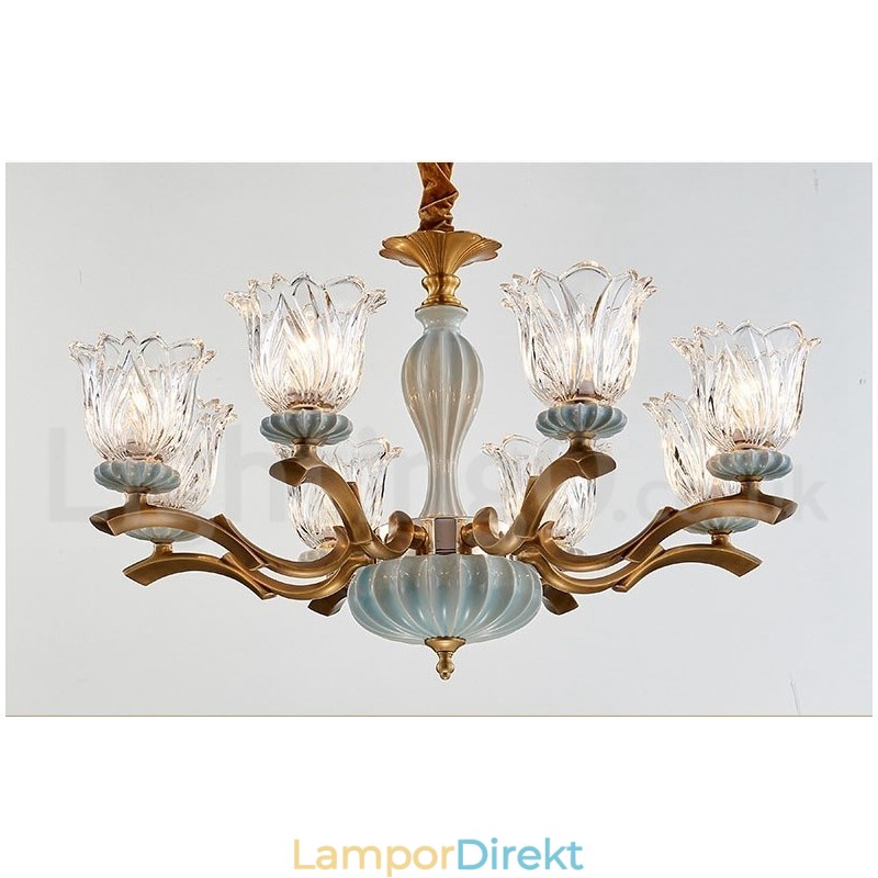 Retro Vintage Mässing Keramik Hängande Ljus Ljuskrona Med Glasskärmar