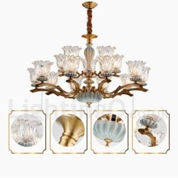 Retro Vintage Mässing Keramik Hängande Ljus Ljuskrona Med Glasskärmar