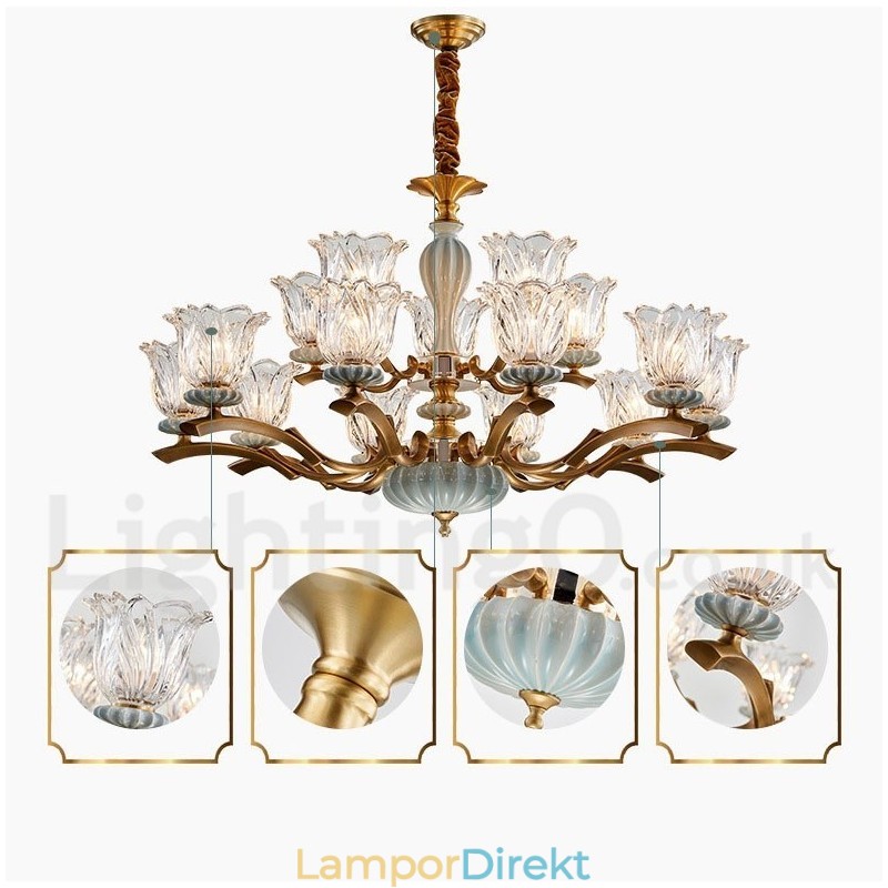 Retro Vintage Mässing Keramik Hängande Ljus Ljuskrona Med Glasskärmar