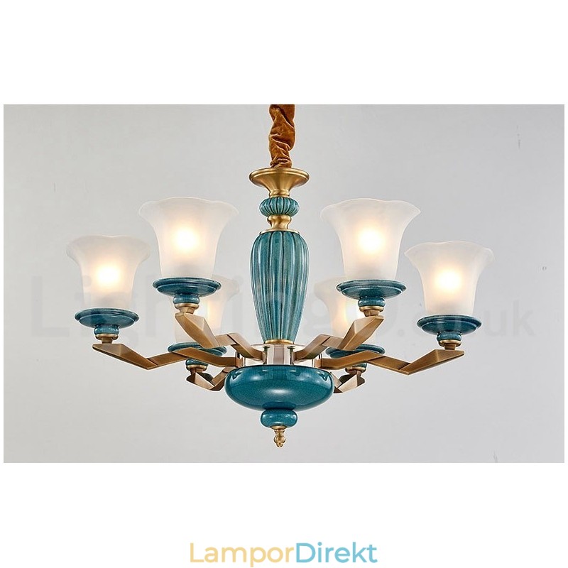 Retro Vintage Mässing Keramik Hängande Ljus Ljuskrona Med Glasskärmar