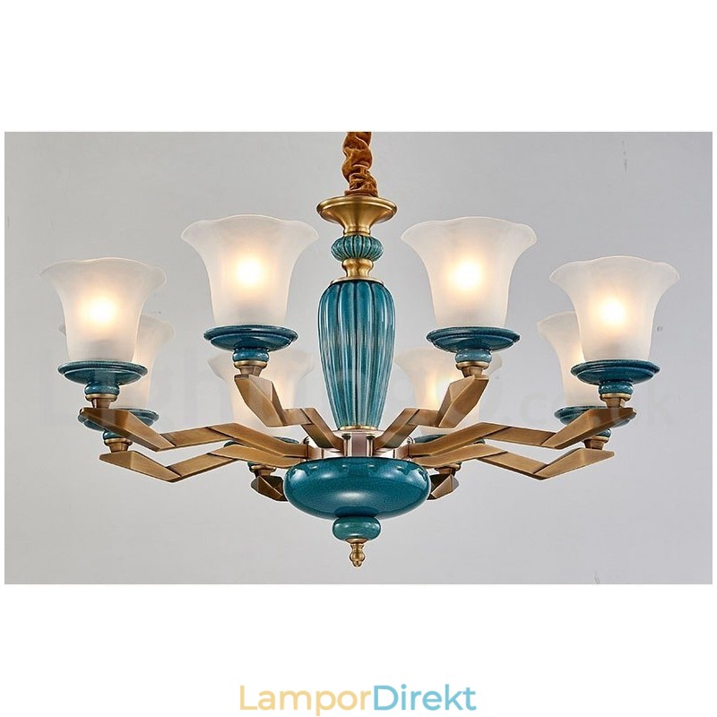 Retro Vintage Mässing Keramik Hängande Ljus Ljuskrona Med Glasskärmar