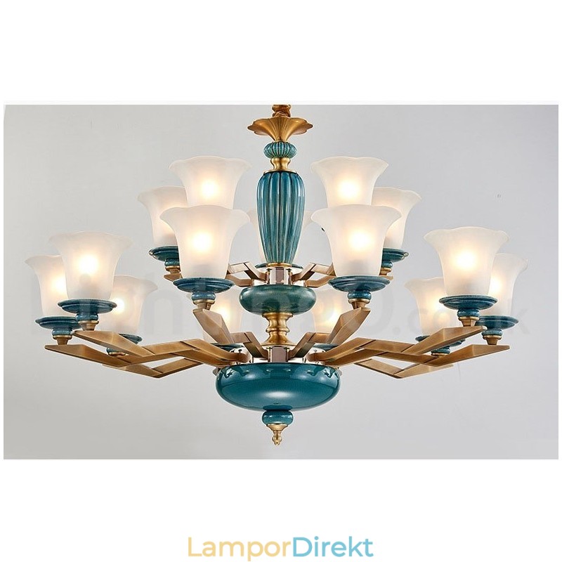 Retro Vintage Mässing Keramik Hängande Ljus Ljuskrona Med Glasskärmar