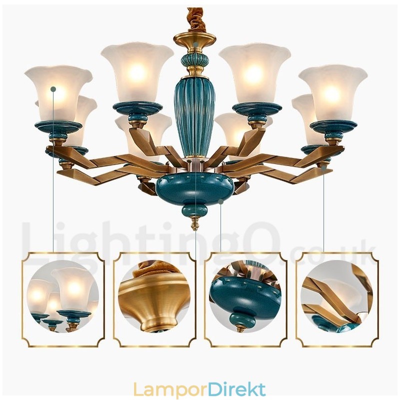 Retro Vintage Mässing Keramik Hängande Ljus Ljuskrona Med Glasskärmar