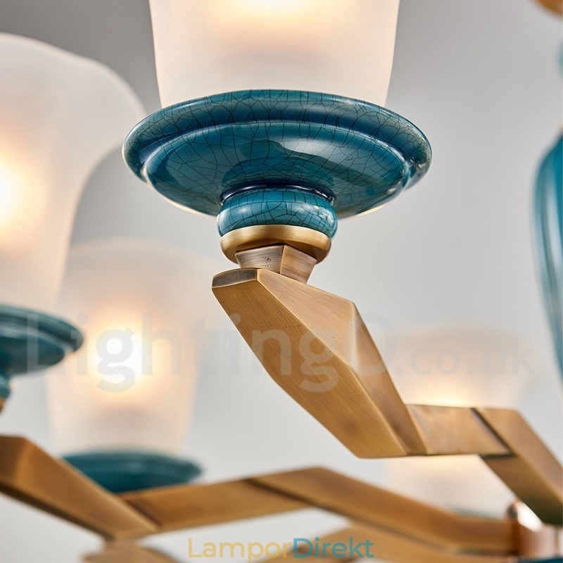Retro Vintage Mässing Keramik Hängande Ljus Ljuskrona Med Glasskärmar