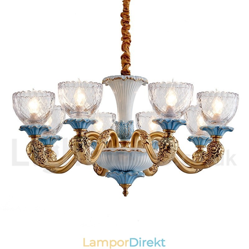 Retro Vintage Mässing Keramik Hängande Ljus Ljuskrona Med Glasskärmar