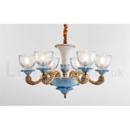Retro Vintage Mässing Keramik Hängande Ljus Ljuskrona Med Glasskärmar