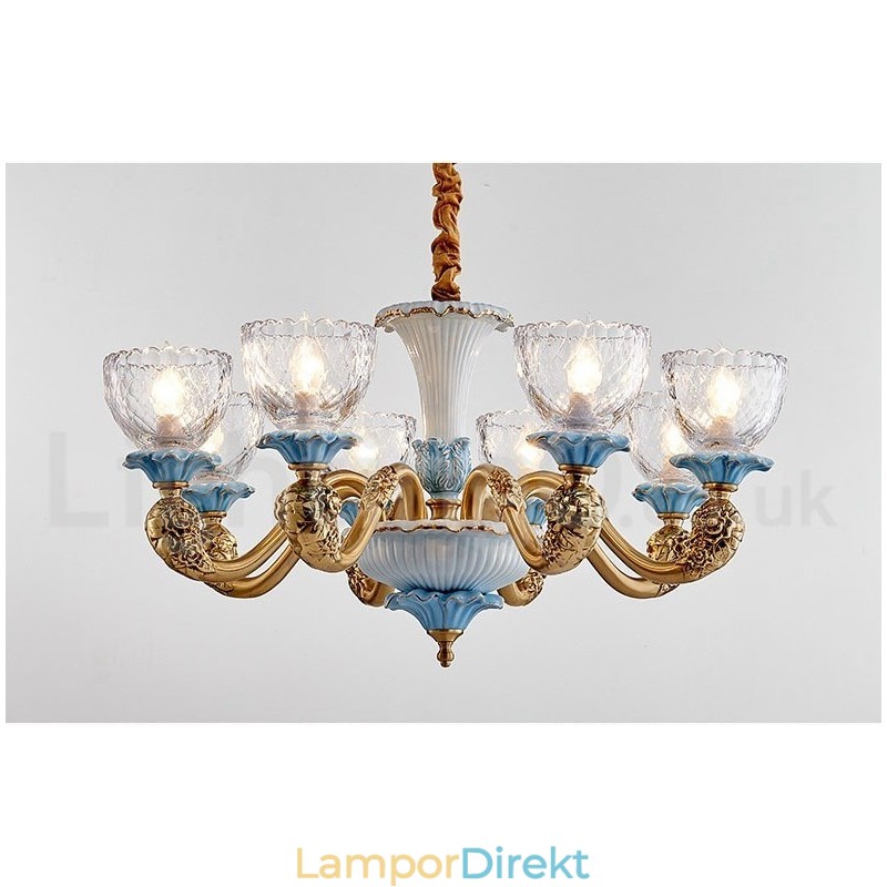 Retro Vintage Mässing Keramik Hängande Ljus Ljuskrona Med Glasskärmar