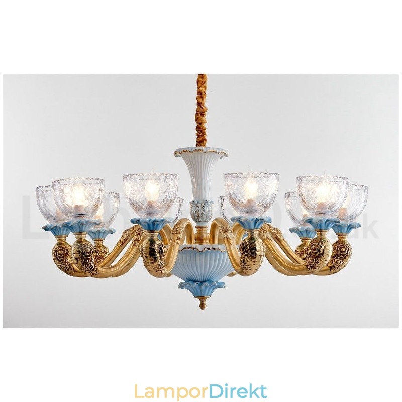 Retro Vintage Mässing Keramik Hängande Ljus Ljuskrona Med Glasskärmar