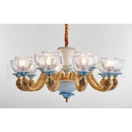 Retro Vintage Mässing Keramik Hängande Ljus Ljuskrona Med Glasskärmar