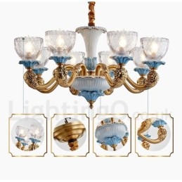 Retro Vintage Mässing Keramik Hängande Ljus Ljuskrona Med Glasskärmar