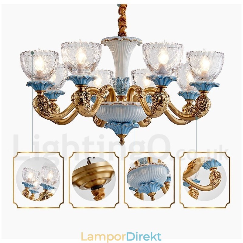 Retro Vintage Mässing Keramik Hängande Ljus Ljuskrona Med Glasskärmar