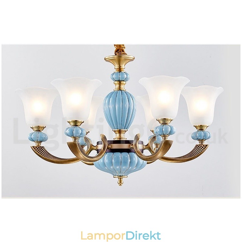 Retro Vintage Mässing Keramik Hängande Ljus Ljuskrona Med Glasskärmar
