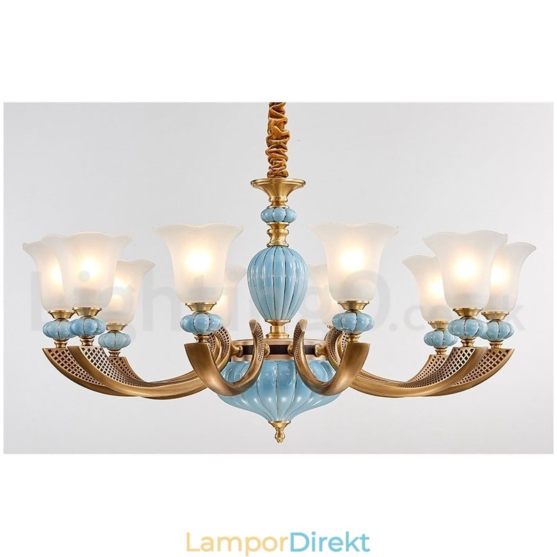 Retro Vintage Mässing Keramik Hängande Ljus Ljuskrona Med Glasskärmar