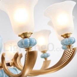 Retro Vintage Mässing Keramik Hängande Ljus Ljuskrona Med Glasskärmar
